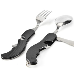 4 In 1 Outdoor Tableware Set Camping Cooking Supplies Stainless Steel Spoon Portable Fork Knife Multifunction Folding Portable Pocket Kits Bottle Opener Tablespoon Set Home Picnic Hiking Travel Tools
