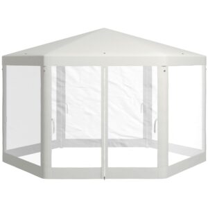 Outsunny 13' x 11' Sun Shelter, Hexagon with Mesh Screen Walls, Cream White for Outdoor Parties
