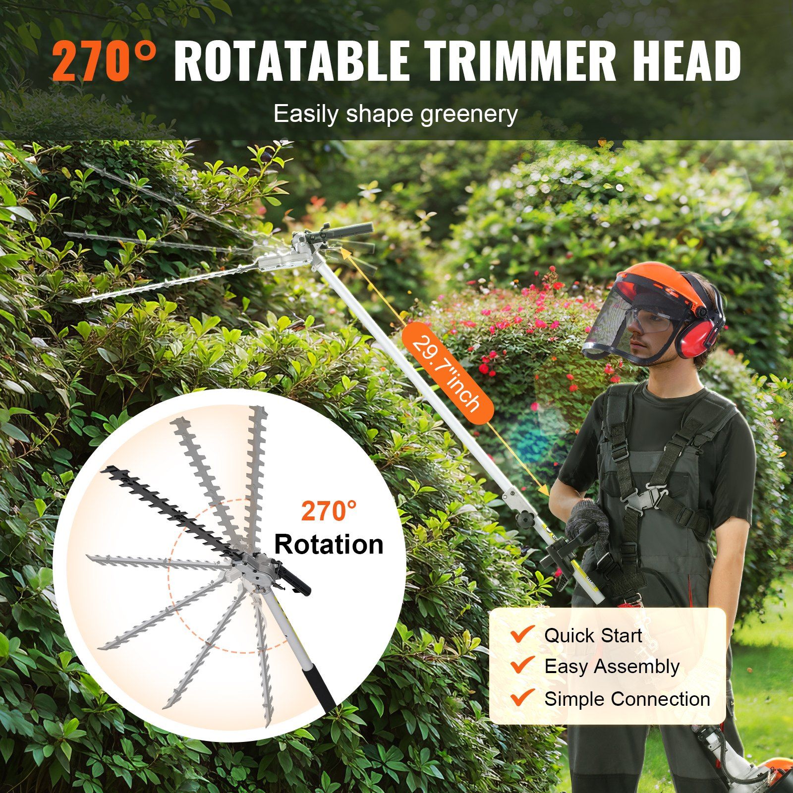 VEVOR 52CC 6-in-1 Multi-Functional Trimming Tools, Gas Hedge Trimmer, Weed Eater, String Trimmer, Brush Cutter, Edger, Pole Saw Chainsaw Pruner with Extension Pole - Image 3