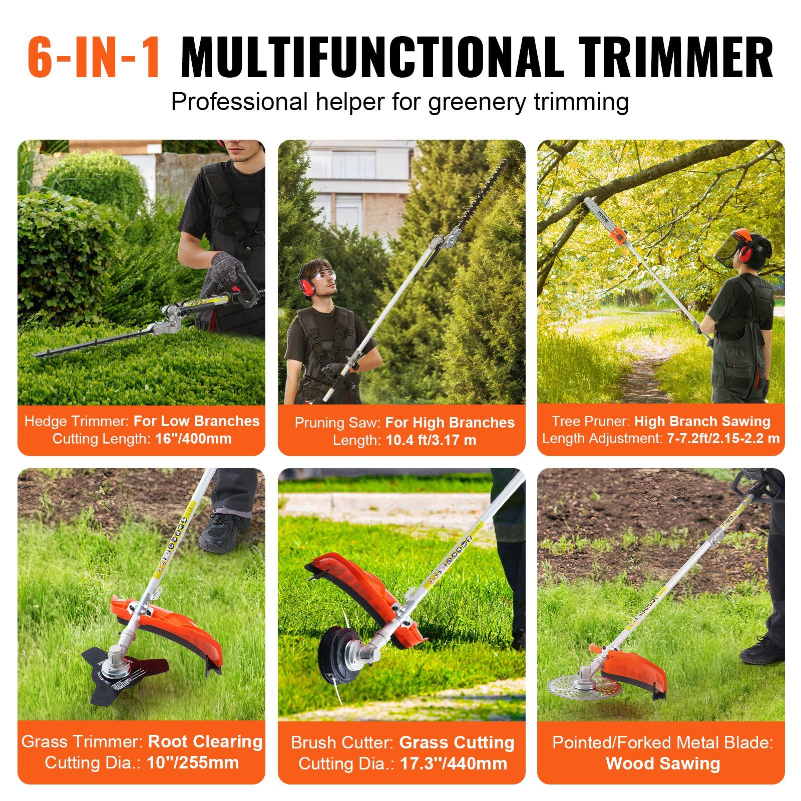 VEVOR 52CC 6-in-1 Multi-Functional Trimming Tools, Gas Hedge Trimmer, Weed Eater, String Trimmer, Brush Cutter, Edger, Pole Saw Chainsaw Pruner with Extension Pole - Image 4