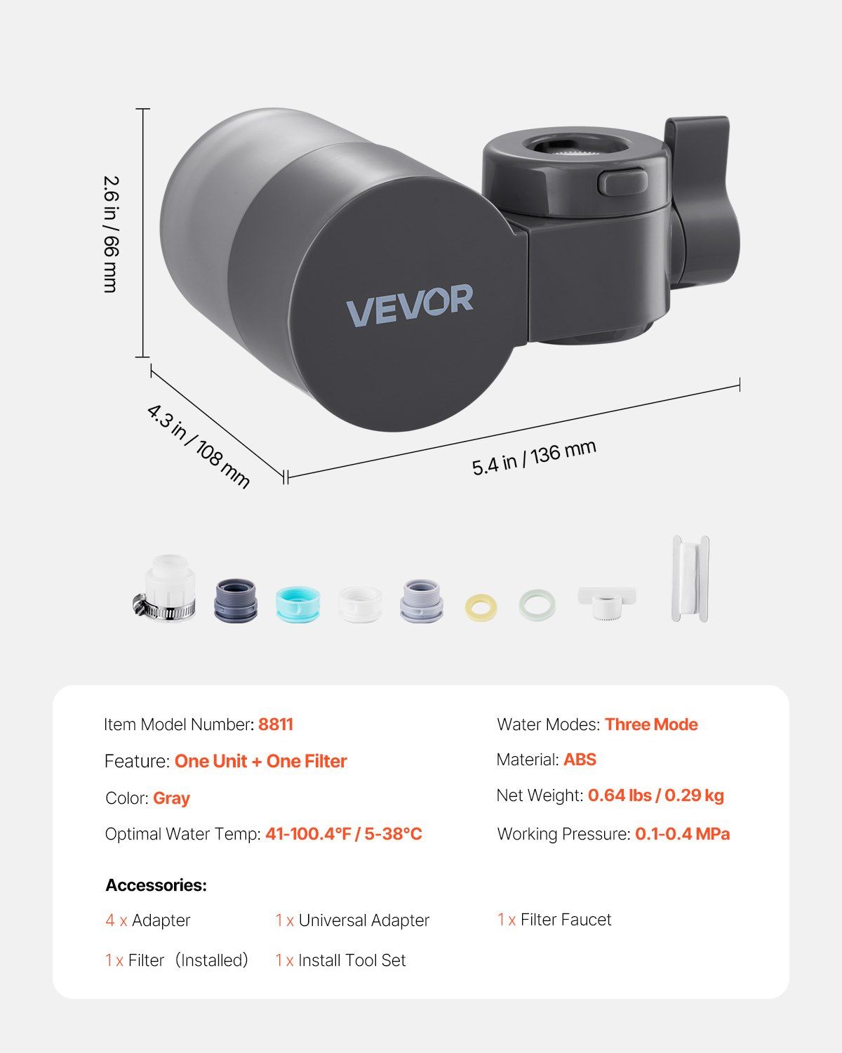 Faucet Mount Water Filter Sink Water Purifier for Kitchen Horizontal Gray - Image 7