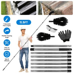 11.5FT Gutter Cleaning Brush With Telescoping Handle Rain Gutter Cleaner Extendable Gutter Cleaning Tool From The Ground with 2 Angled Brushes Anti-slip Gloves Goggles GPCT5351