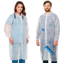 Disposable Lab Coats for Adults XX-Large, Pack of 10 White Disposable Lab Coat, Splash-Proof Plastic Lab Coats, Medical PPE Coat with Elastic Cuffs, Folded Collar, Hook & Loop Fastener, No Pockets