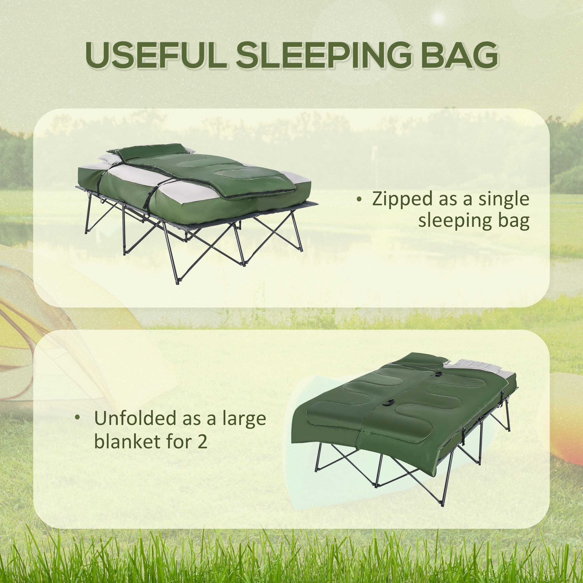 Outsunny 2-Person Folding Camping Cot Portable Outdoor Bed Set with Sleeping Bag, Inflatable Air Mattress, Comfort Pillows and Carry Bag, Soft and Comfortable for Outdoor Travel Camp Beach Vacation - Image 4