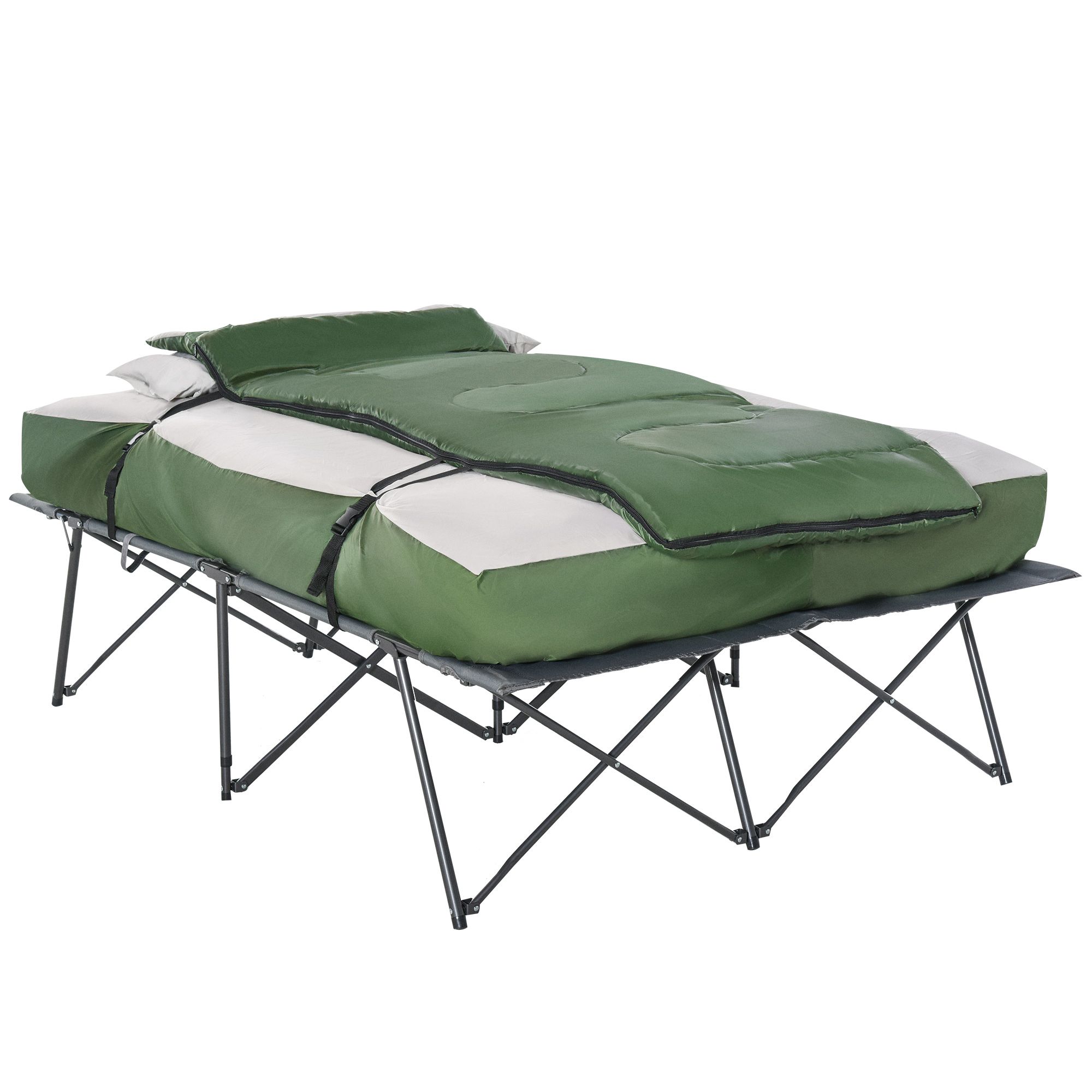 Outsunny 2-Person Folding Camping Cot Portable Outdoor Bed Set with Sleeping Bag, Inflatable Air Mattress, Comfort Pillows and Carry Bag, Soft and Comfortable for Outdoor Travel Camp Beach Vacation - Image 10