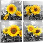 4 Pieces Sunflower Wall Art Black and Yellow Pictures for Living Room Floral Paintings for Wall Decorations