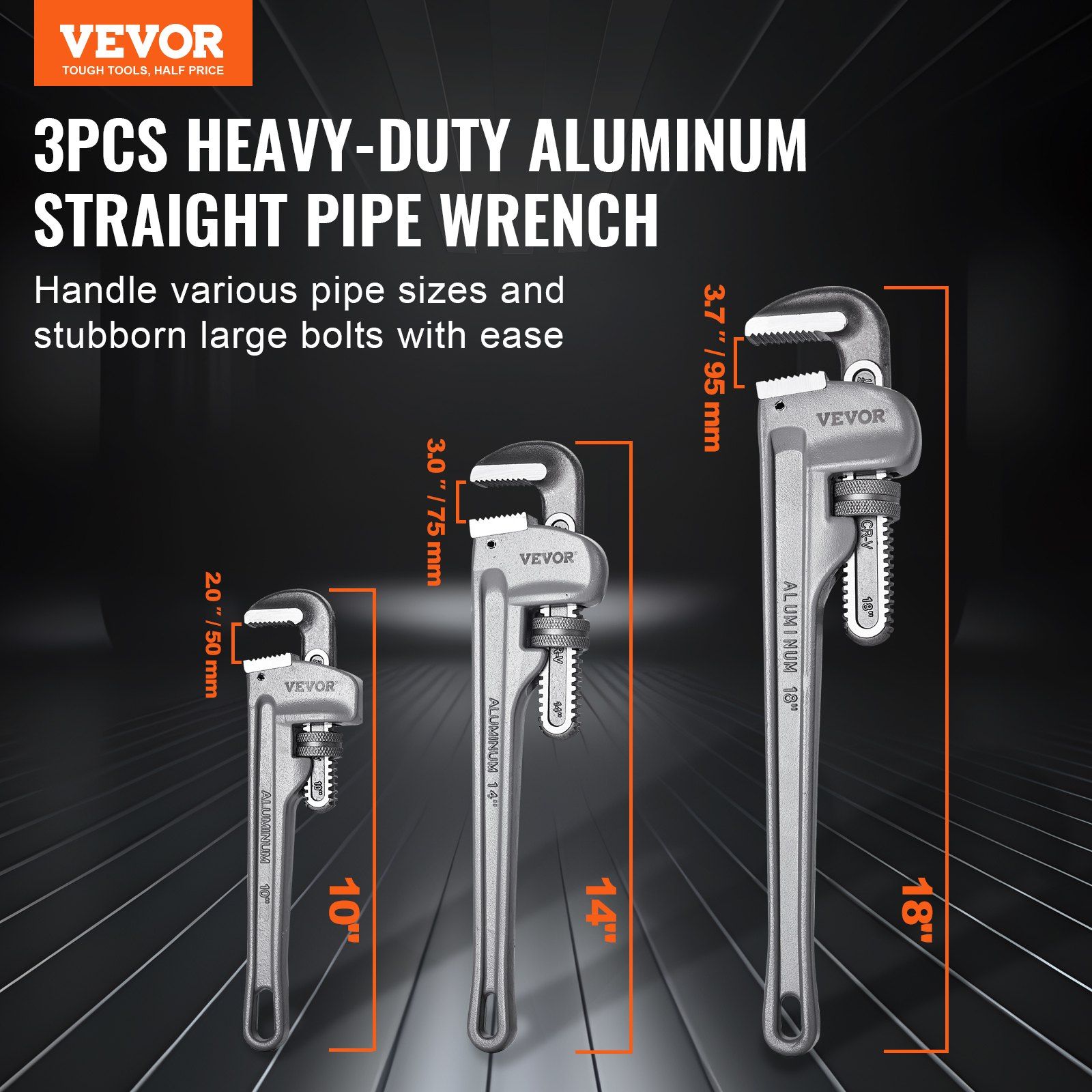 VEVOR 3-Piece Pipe Wrench Set, 10" 14" 18" Aluminum Straight Pipe Wrench, Adjustable Plumbing Wrench, with High Strength Jaw and Ergonomic Handle, Hangable Design, for Water Pipes, Automotive Repairs - Image 2
