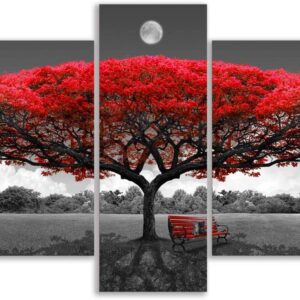 Canvas Wall Art Red Tree Wall Art with Moon Black and White Framed Artwork Landscape Pictures for Wall Decor Large Pictures for Living Room 5 Pieces