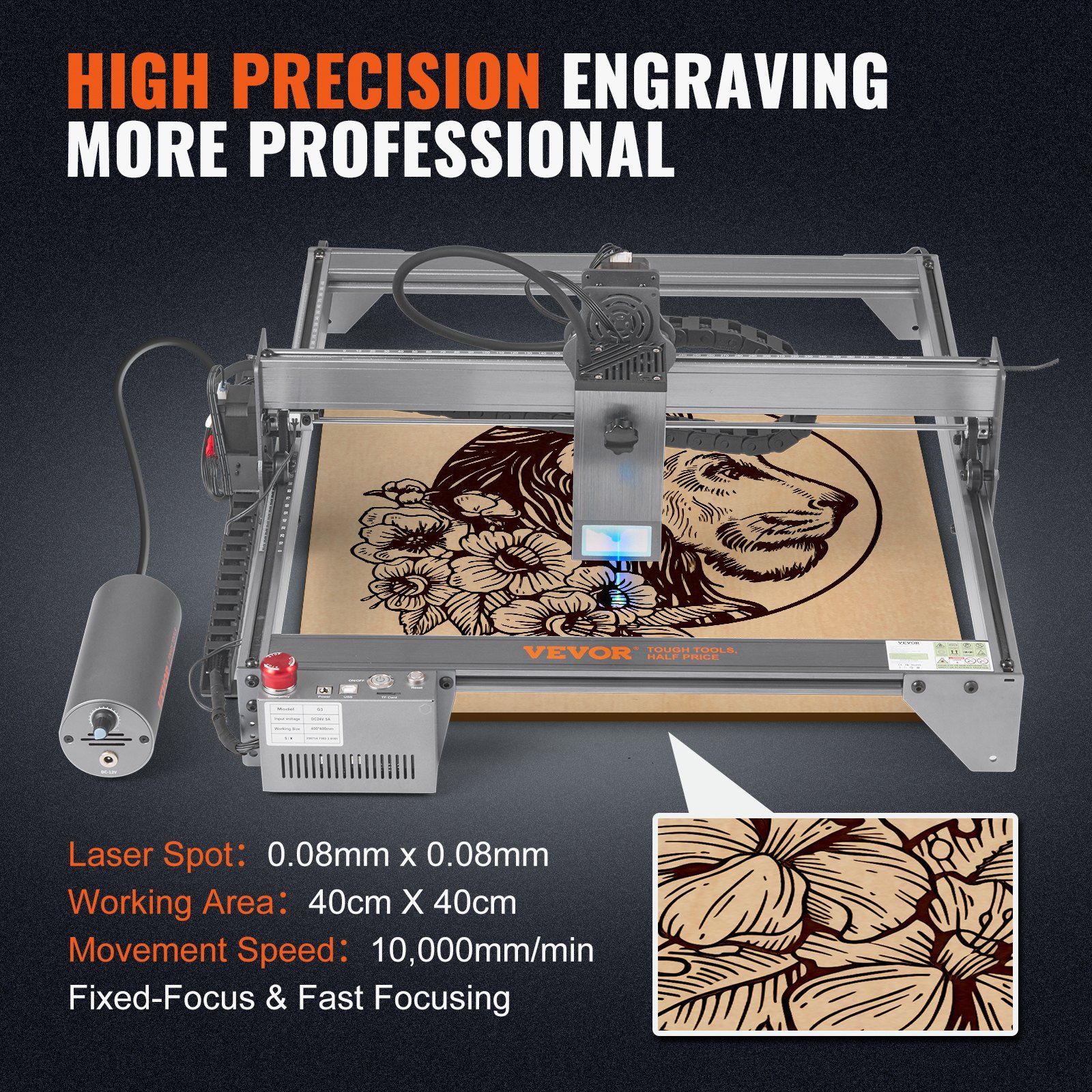 VEVOR Laser Engraver, 20W Output Laser Engraving Machine, 15.7" x 15.7" Large Working Area, 10000mm/min Movement Speed, Compressed Spot with Eye Protection, Laser Cutter for Wood, Metal, Acrylic - Image 3