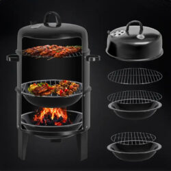 16" 3-Tier Portable Charcoal Smoker Grill with Easy Temperature Control - Black Vertical Grill for Camping, Outdoor Cooking and Backyard Parties