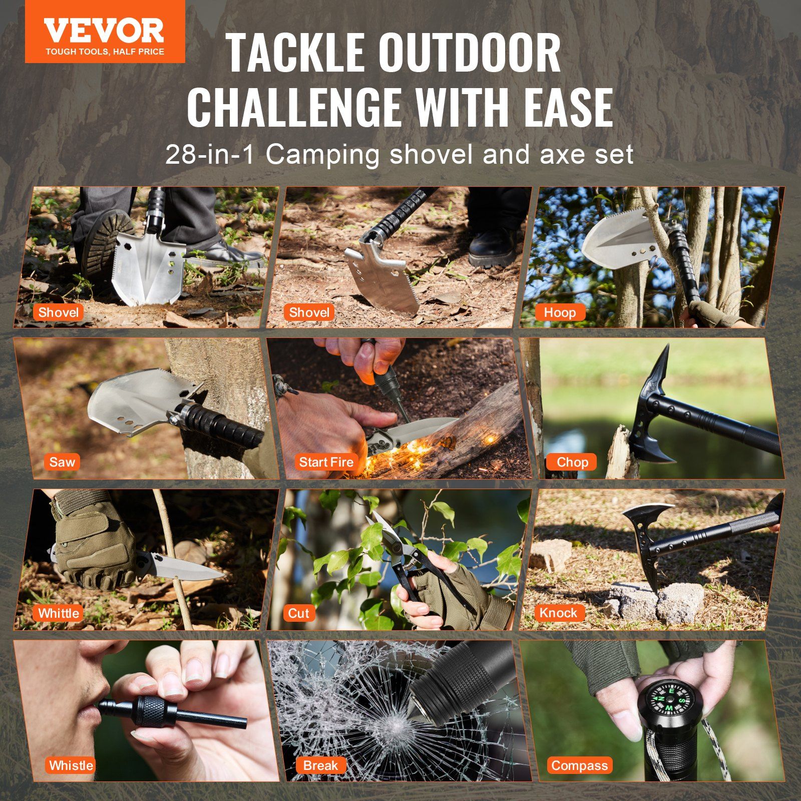 Survival Shovel Survival Axe 28-in-1 Camping Folding Shovels with Hatchet - Image 2