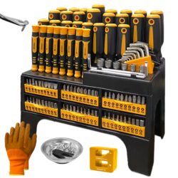 121pcs Magnetic Screwdriver Set, Chrome Vanadium Steel, Multi-Size, Hex Wrench, Flat & Hex Head, Non-Slip Handles, with Storage Rack & Magnetic Bowl,gloves,nail puller,Screw, DIY Tools For Men