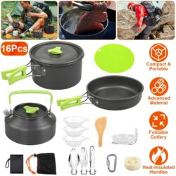 16 Piece Camping Cookware Set with Stove Aluminum Pots Frying Pan Kettle Bowls Fork Spoon Knife Carabiner Spatula Cutting Board Portable Cook Kit for Outdoor Hiking Picnic Backpacking