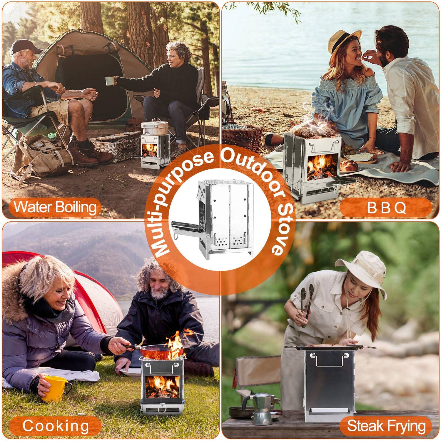 Foldable Camping Wood Burning Stove with Grill, Camp Stove Collapsible Backpacking Survival Stove Stainless Steel Campfire Stove for Outdoor Cooking Picnic Hiking BBQ (Sliver-Large) - Image 11