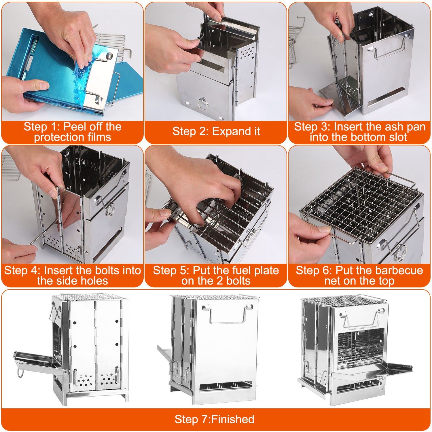 Foldable Camping Wood Burning Stove with Grill, Camp Stove Collapsible Backpacking Survival Stove Stainless Steel Campfire Stove for Outdoor Cooking Picnic Hiking BBQ (Sliver-Large) - Image 3