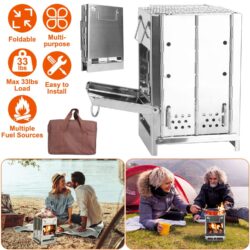 Foldable Camping Wood Burning Stove with Grill, Camp Stove Collapsible Backpacking Survival Stove Stainless Steel Campfire Stove for Outdoor Cooking Picnic Hiking BBQ (Sliver-Large)