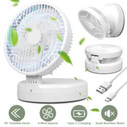 Quiet Table Fan 90° Foldable Desk Fan with 4 Wind Speeds Type-C Rechargeable Wall-Mounted Fan Portable Desktop Fan for Home Bedroom Kitchen Office Outdoor Travel
